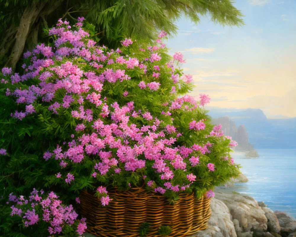 Pink Flowering Bush in Wicker Basket on Coastal Cliffs