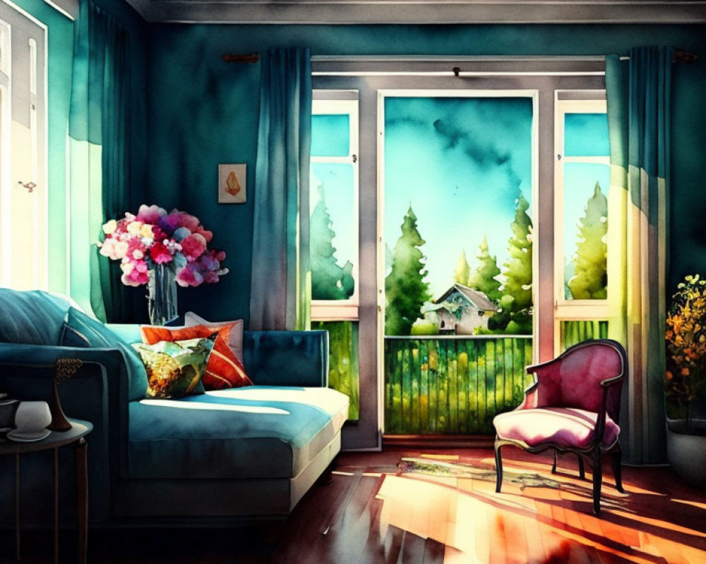 Sunlit Room with Turquoise Walls, Sofa, Armchair, and Flowers overlooking Green Landscape