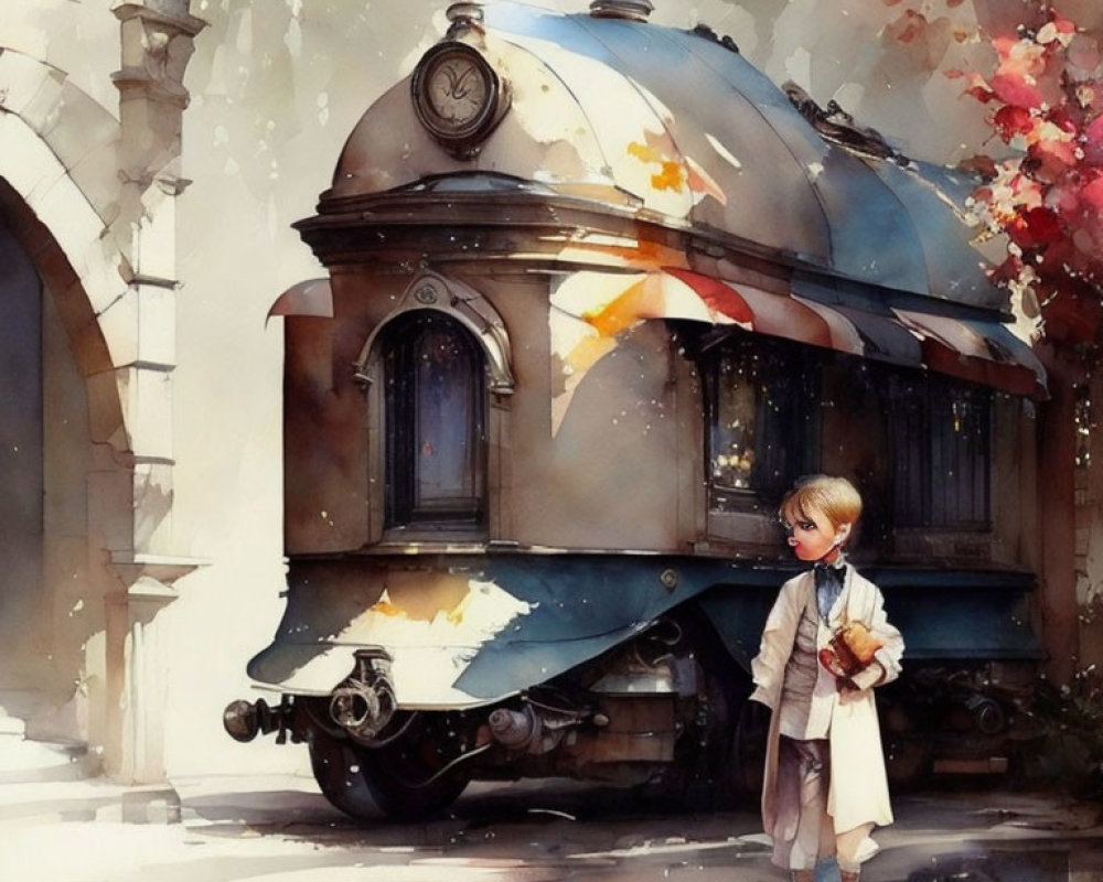 Child in vintage clothing with teddy bear near streetcar in watercolor style