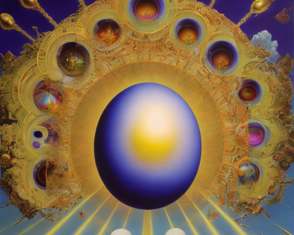 Surreal Artwork: Blue Sphere, Golden Structures, Celestial Background