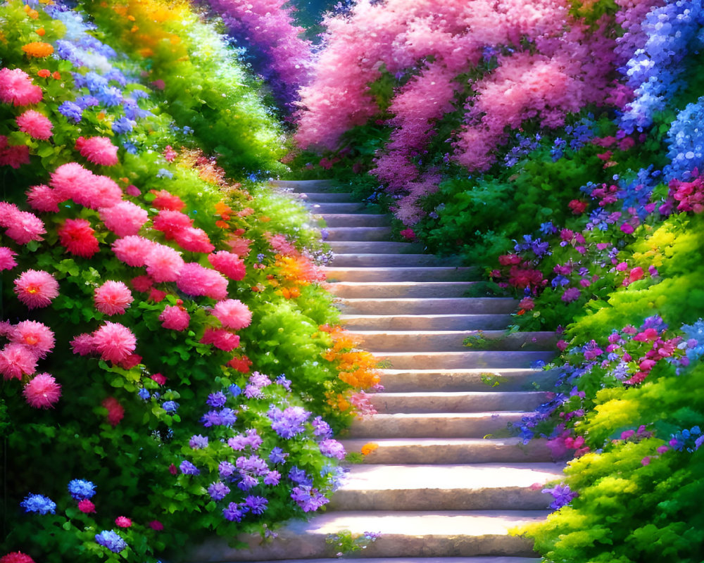 Lush Garden Path with Sunlit Stone Steps and Colorful Flowering Bushes