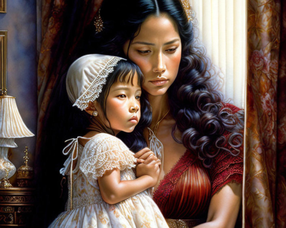 Somber woman and child in red and white outfits by window with drapes