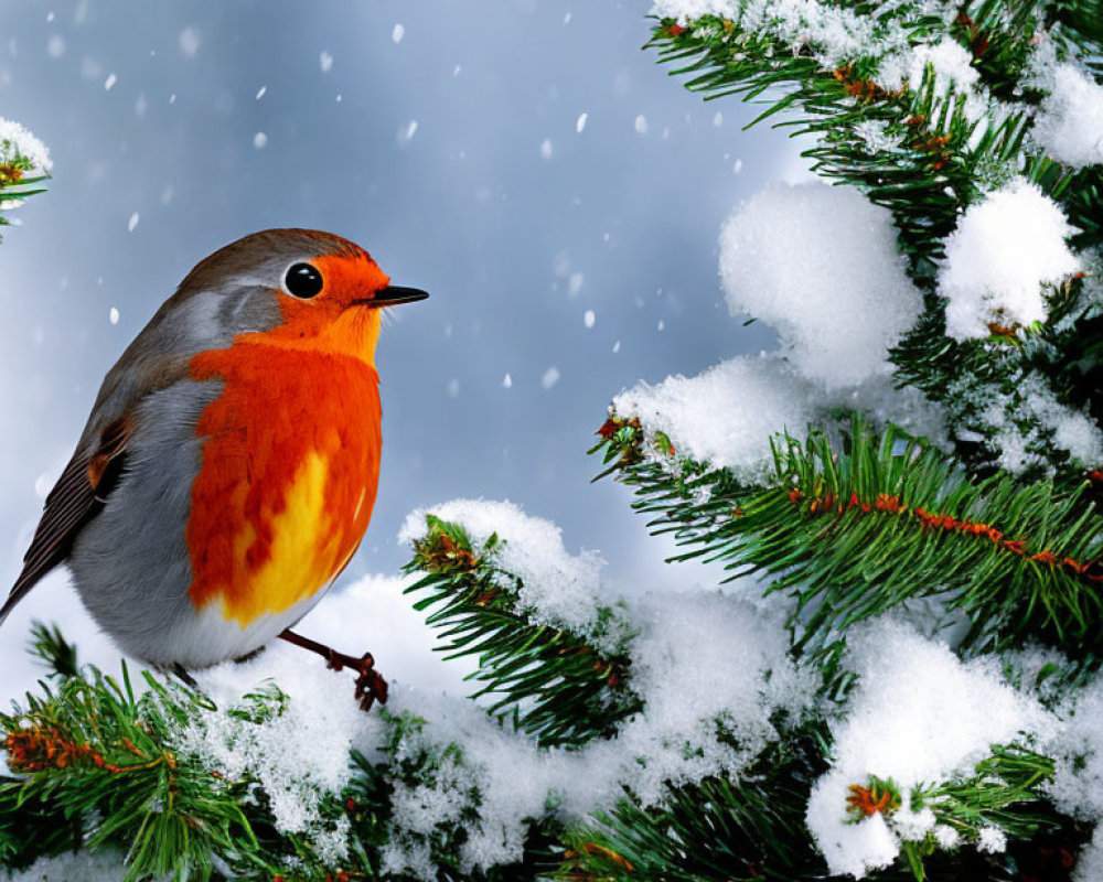 Robin perched on snow-covered pine branch in wintry scene