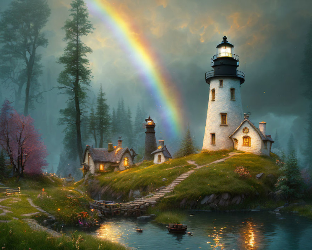 Fairytale lighthouse, cottages, rainbow, and forest at dusk