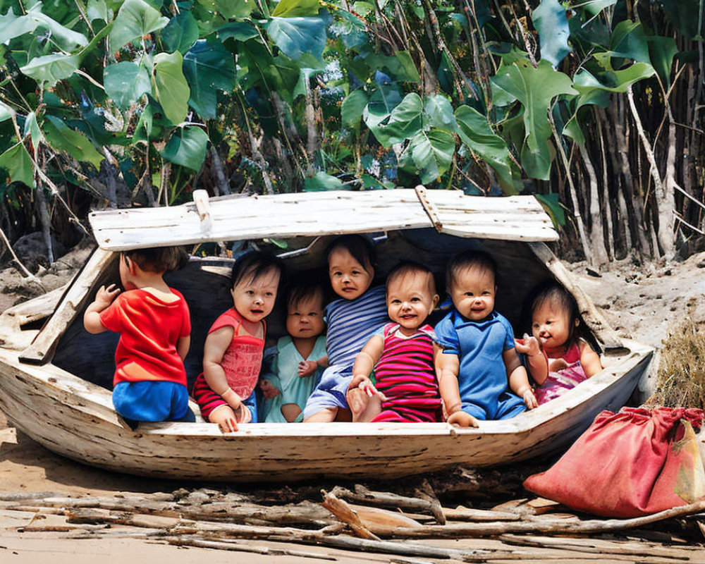 Six children in wooden boat on sandy riverbank with green foliage