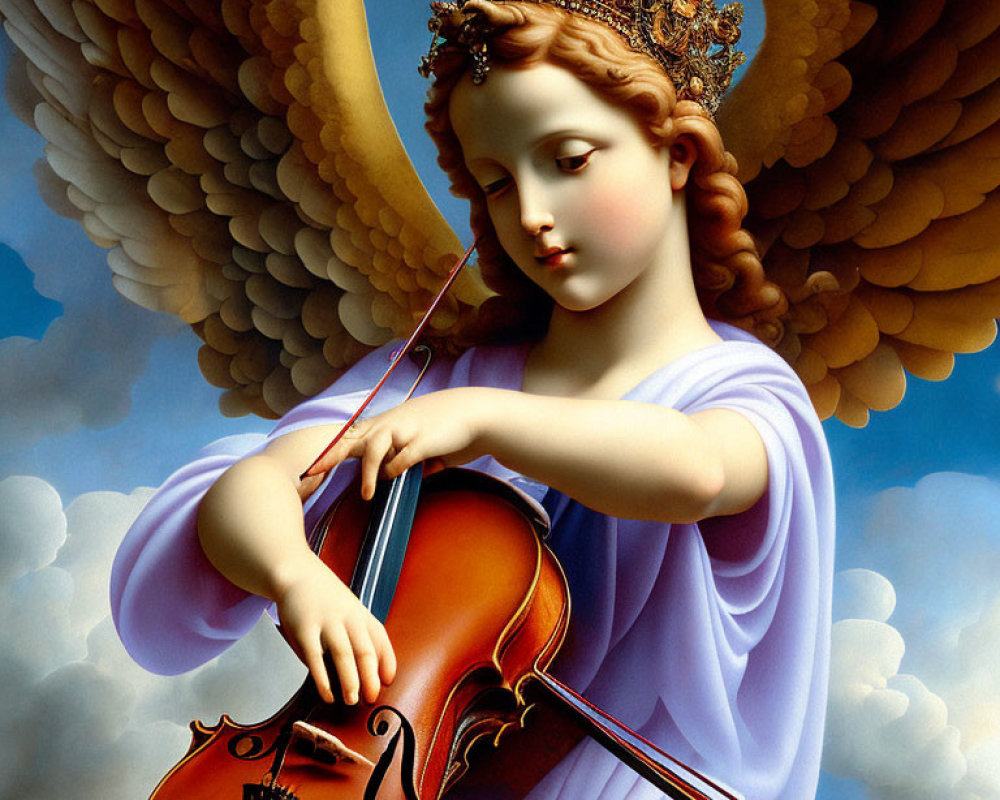 Angelic figure with wings and crown playing violin in heavenly scene