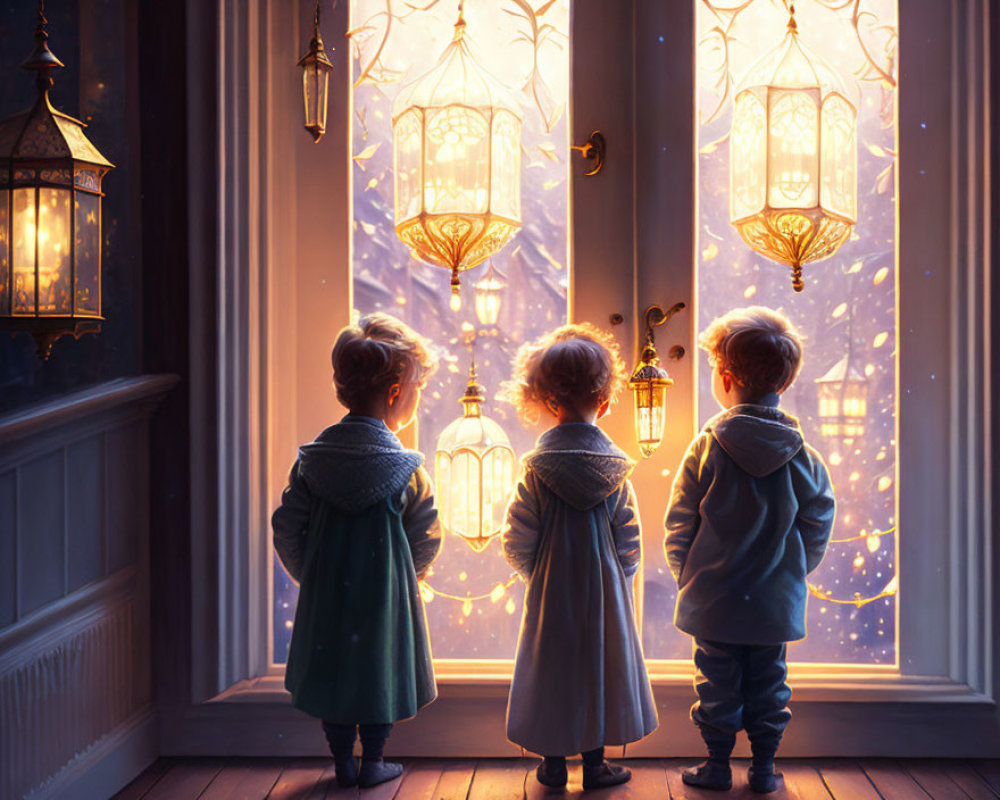 Children in coats admire glowing lanterns on porch, snowy twilight scene beyond windows.