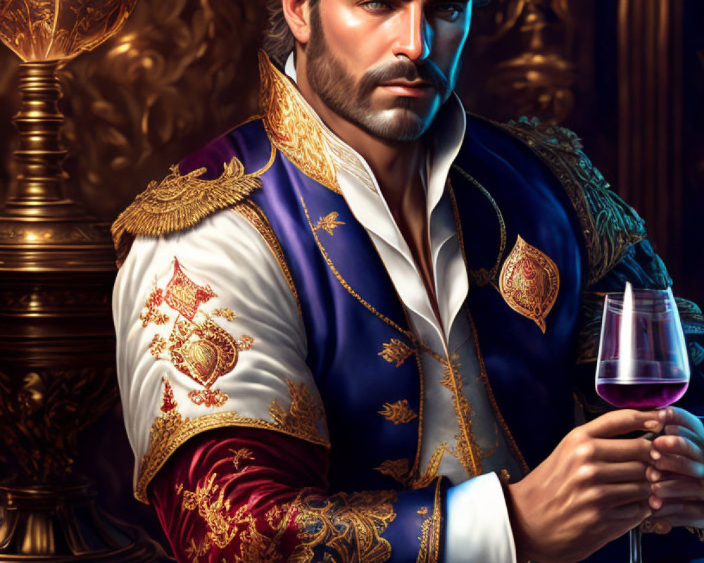 Bearded man in regal attire with wine glass and ornate decor