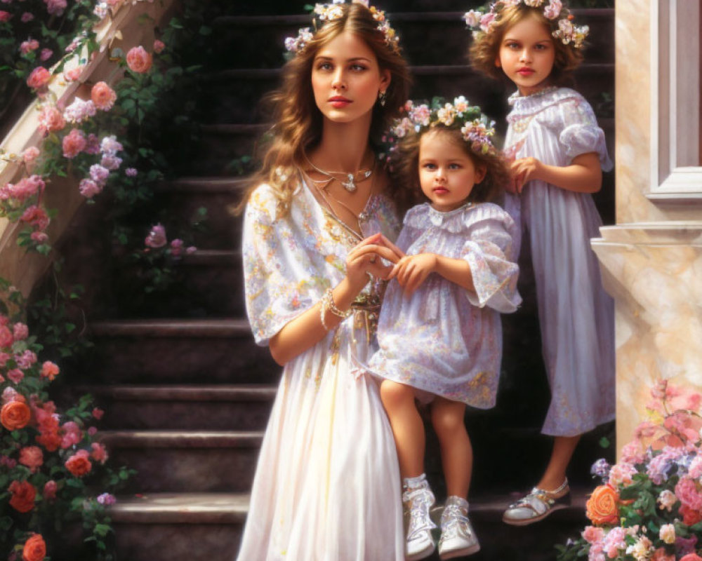 Woman and two girls in floral crowns and ethereal dresses on flower-lined staircase