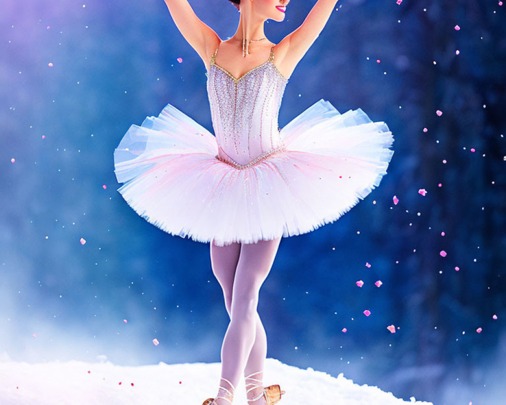 Ballerina in White Tutu En Pointe Amidst Snowflakes