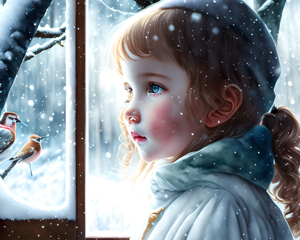 Young girl admires sparrows on snowy branch through frosty window