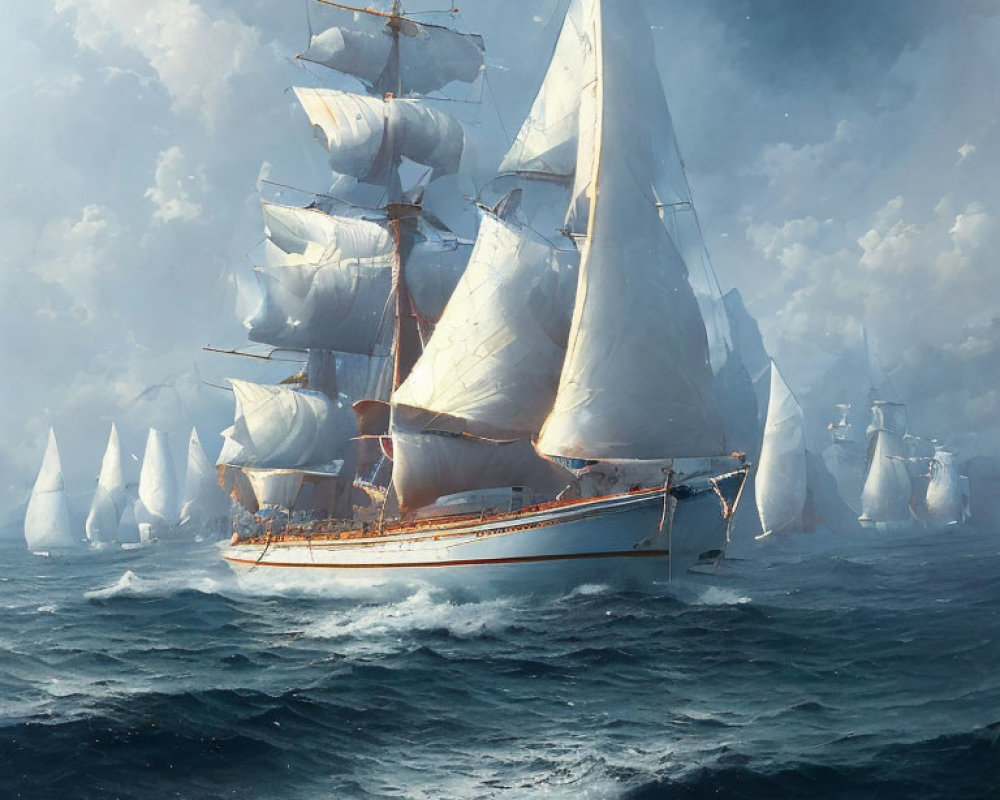 Sailing ship with white sails in choppy seas among fleet under cloudy sky