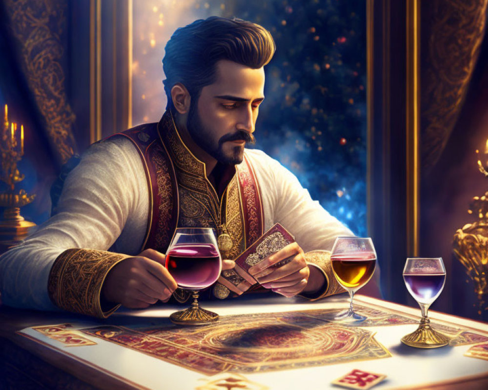 Bearded man in opulent room with cards and wine glasses under fireworks view