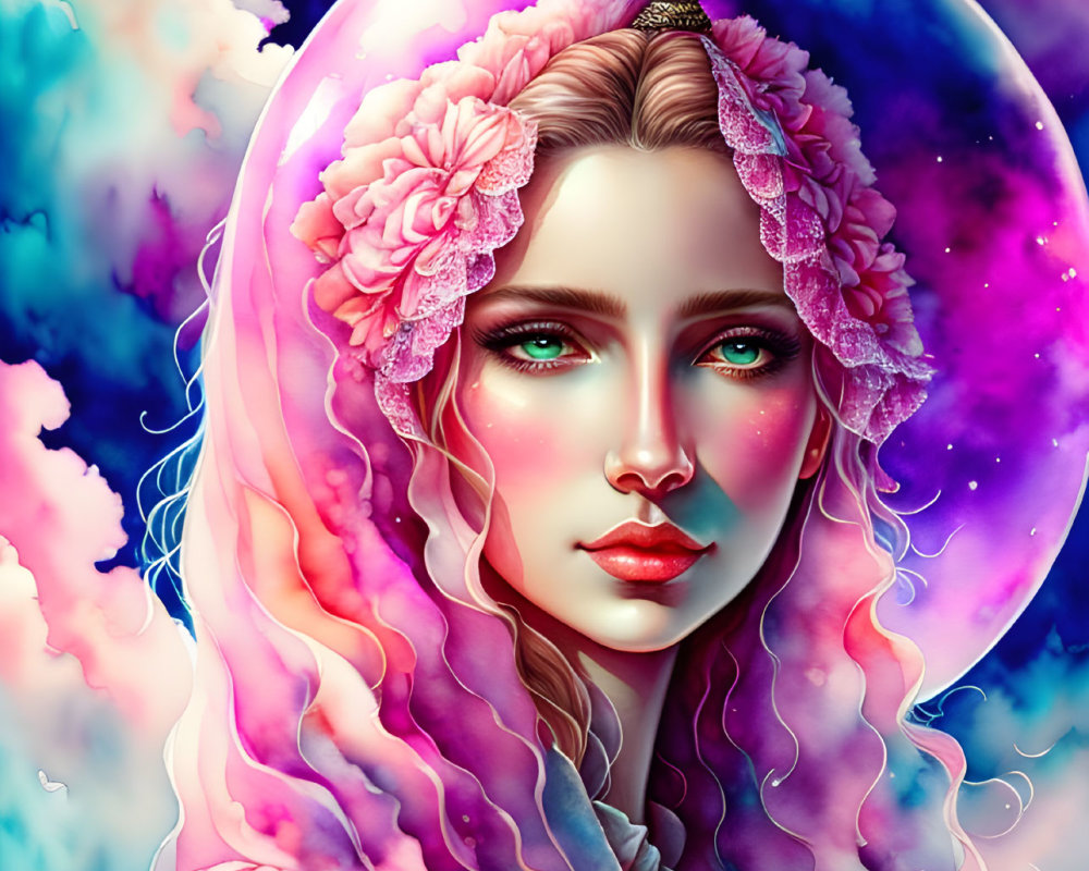 Colorful woman with pink hair, roses, orb, crescent moon, and cosmic clouds.