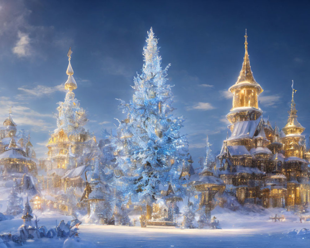 Snow-covered buildings and trees in magical winter twilight