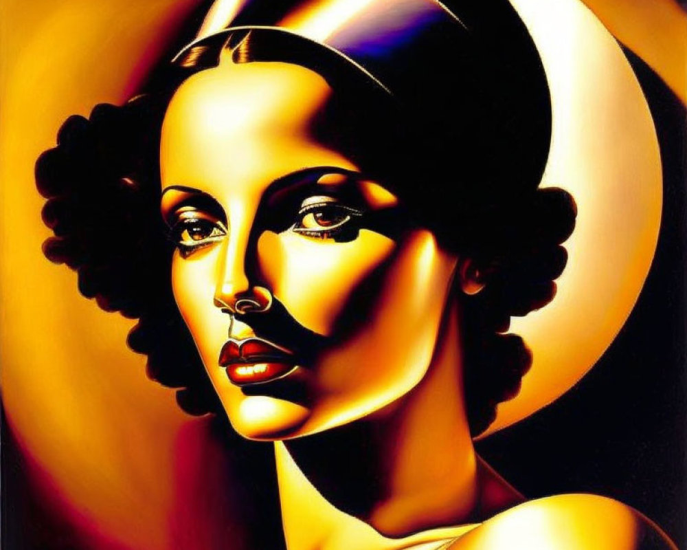 Woman portrait in Art Deco style with golden and amber hues and play of light and shadow.