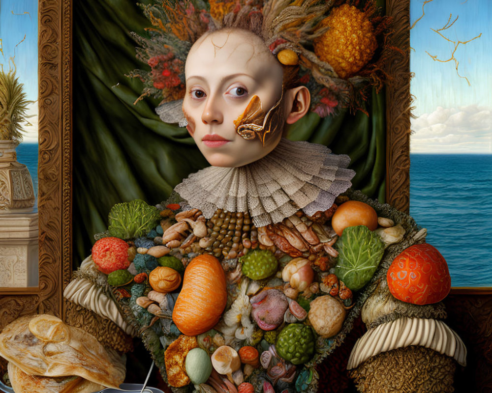 Surreal portrait featuring figure with pale face amid fruits, vegetables, bread, and butterfly against sea