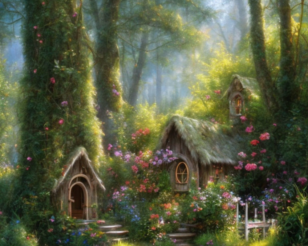 Whimsical cottages in enchanting woodland with colorful flowers