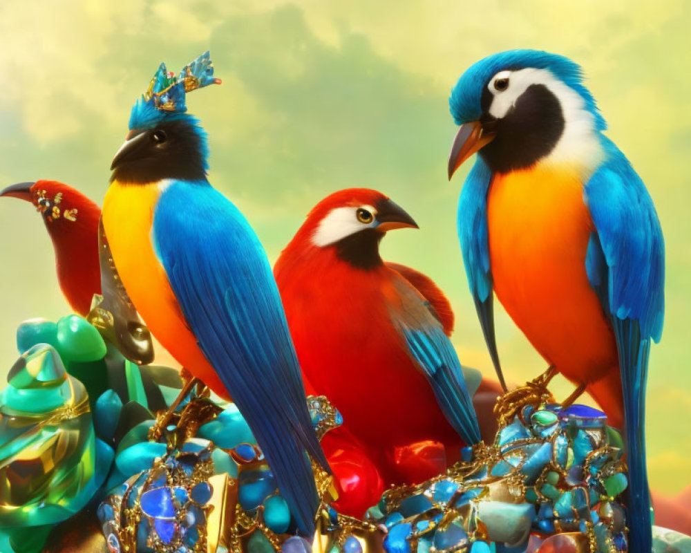 Colorful anthropomorphic birds with royal jewels in a treasure-filled setting under a dreamy sky.