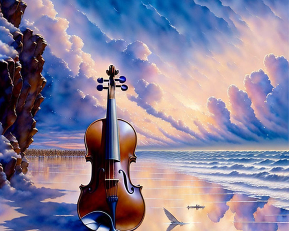 Violin on reflective shore with majestic clouds, birds, and seashells