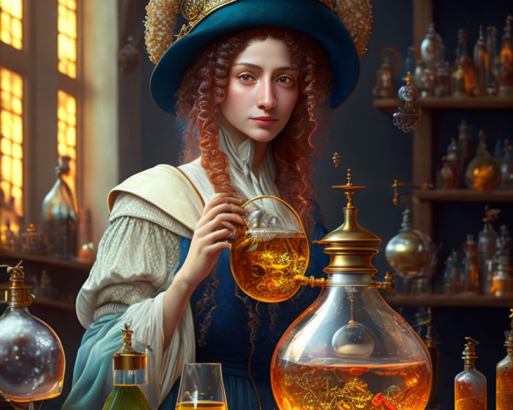 Historical woman with glowing liquid in alchemist's workshop