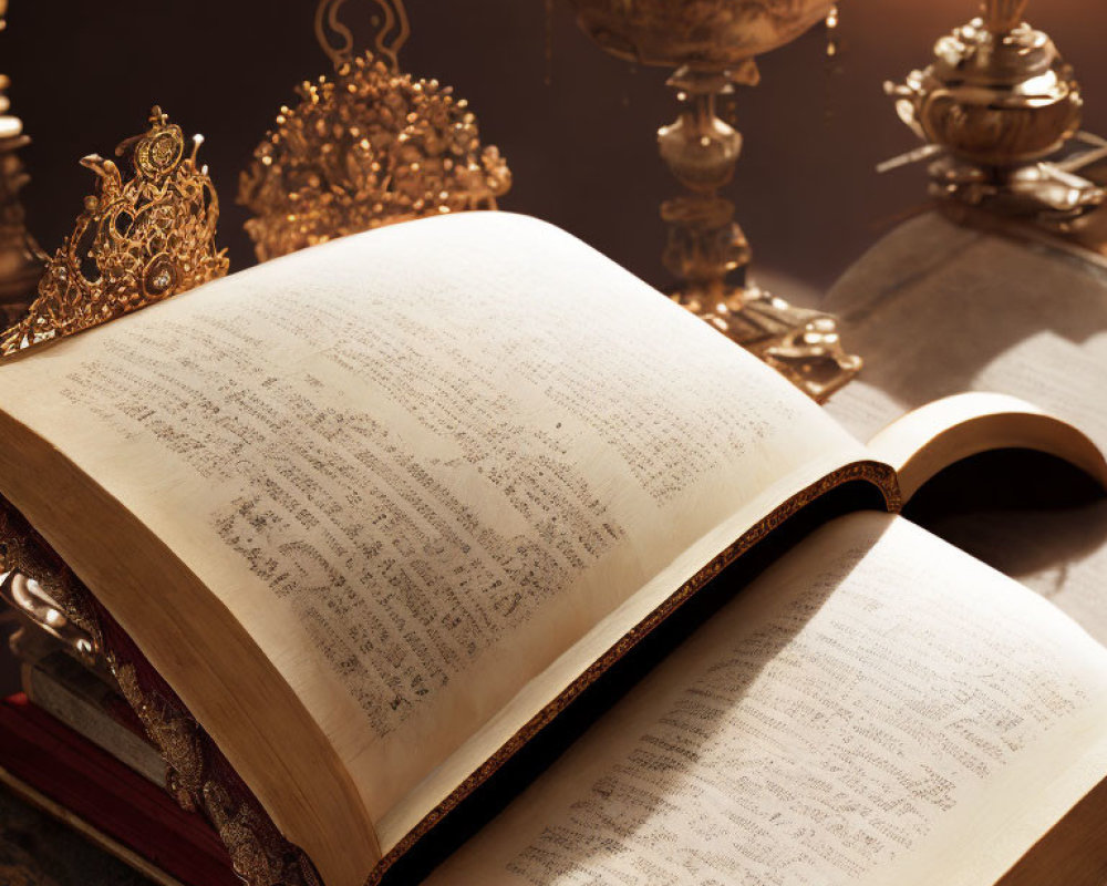 Ancient open book with elegant script, ornate lamps, crown, and quills create regal