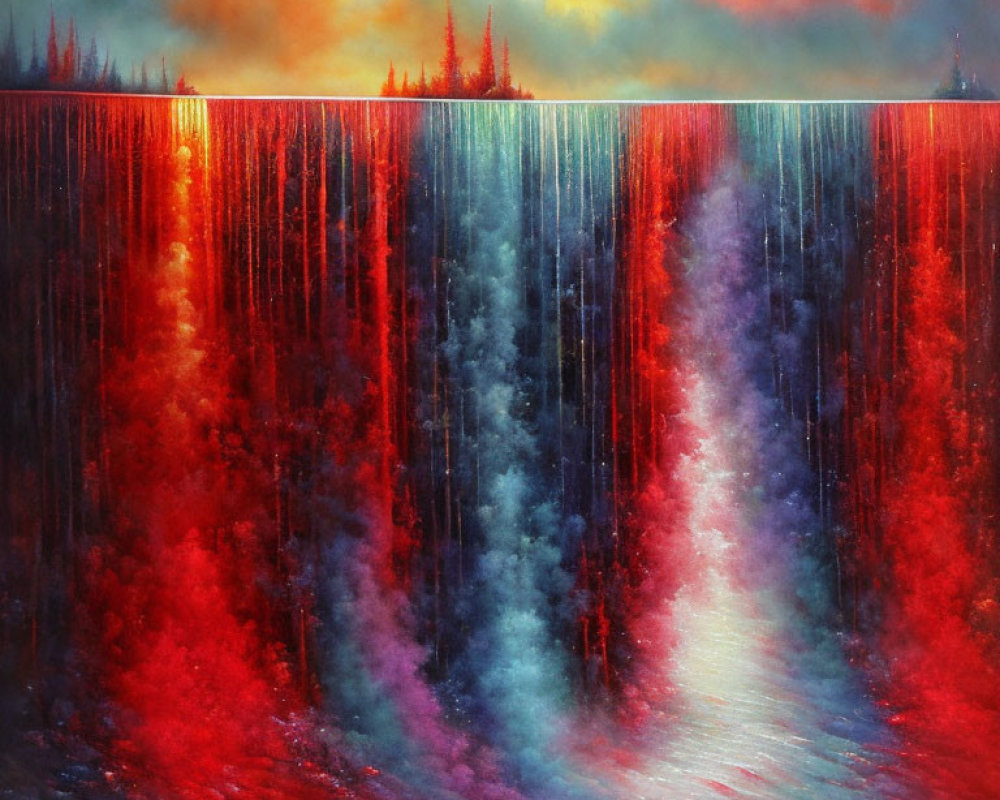 Vibrant waterfall painting with celestial background and glowing orb