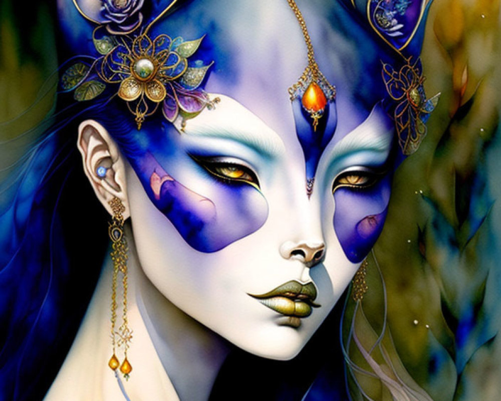 Illustrated Female Figure with Cat-Like Features and Floral Jewelry in Blue, Gold, Purple Hues