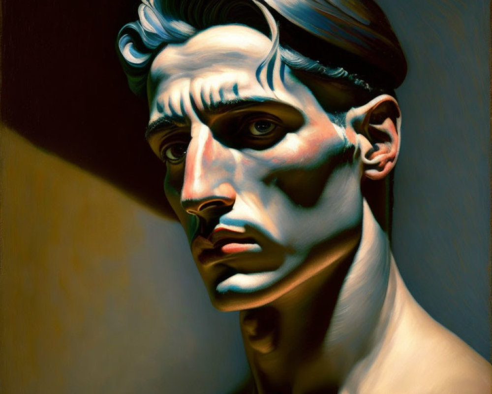 Dramatic portrait of a man with intense gaze and sculpted face