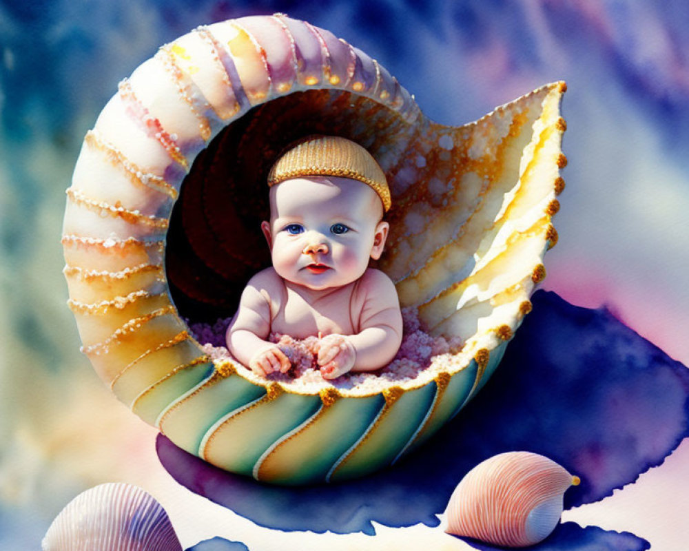 Infant nestled in large nautilus shell among smaller shells on colorful backdrop