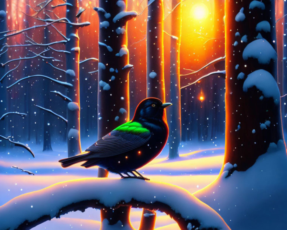 Colorful bird on snowy branch in serene forest at sunset