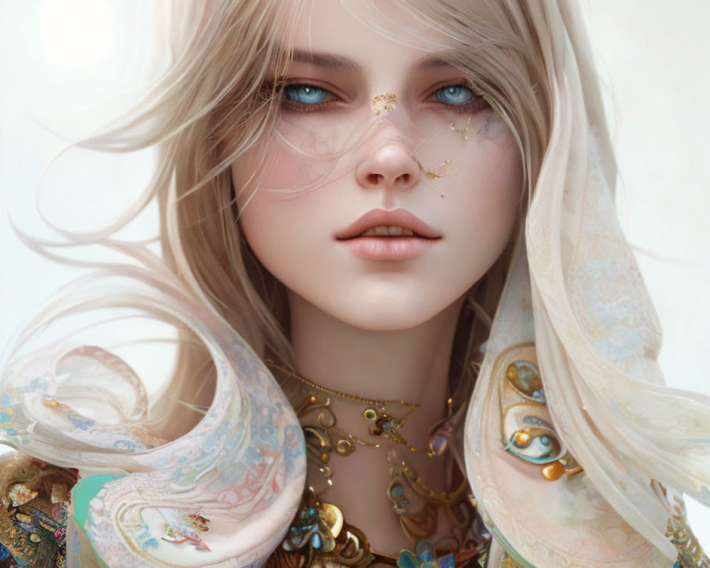 Blonde Woman Digital Artwork with Gold Jewelry