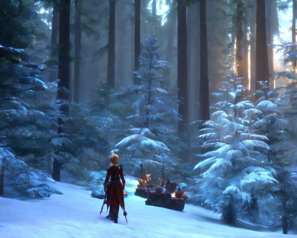 Person in Red Cloak in Snow-Covered Forest with Campfire and Tall Trees