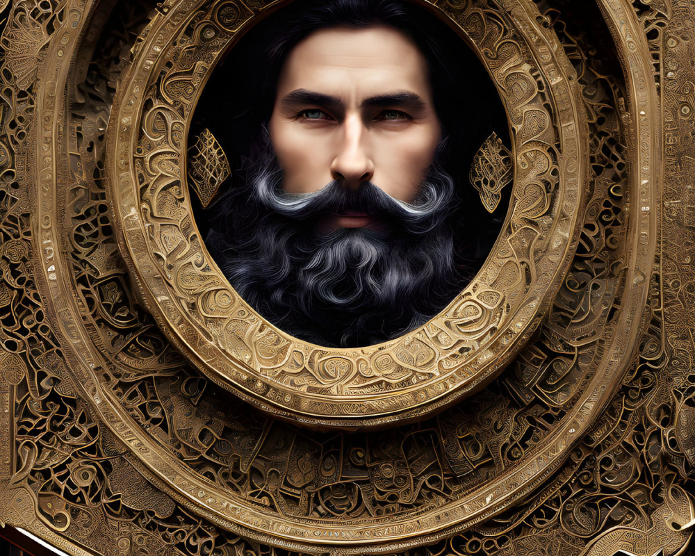 Detailed illustration of a bearded man with intense gaze in ornate golden frame