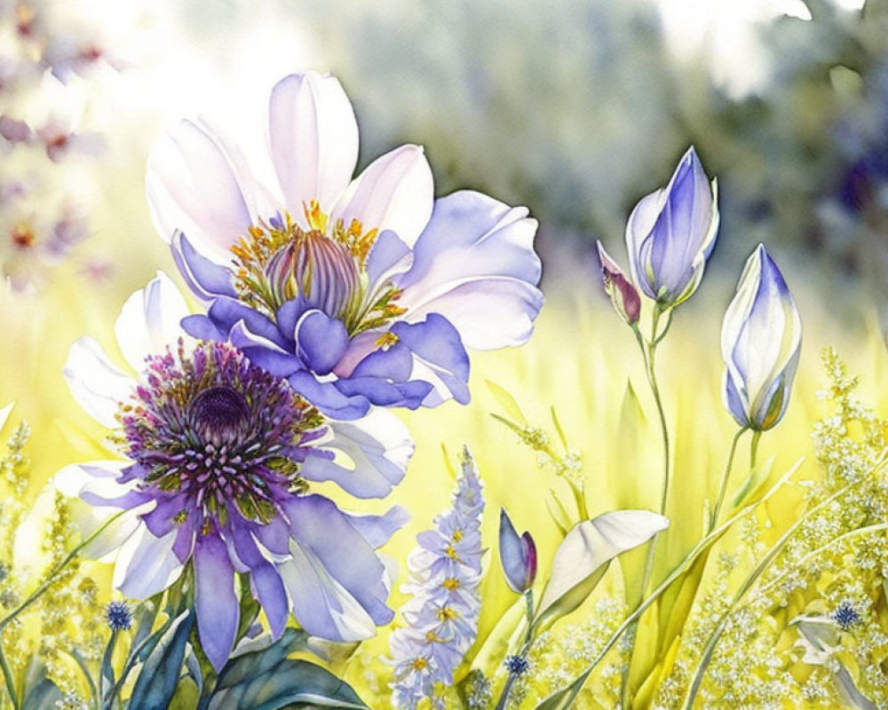 Delicate Purple and White Flowers in Watercolor Painting