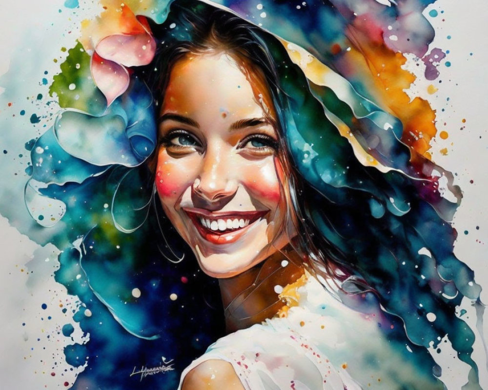 Colorful Watercolor Painting of Smiling Woman with Dynamic Hair