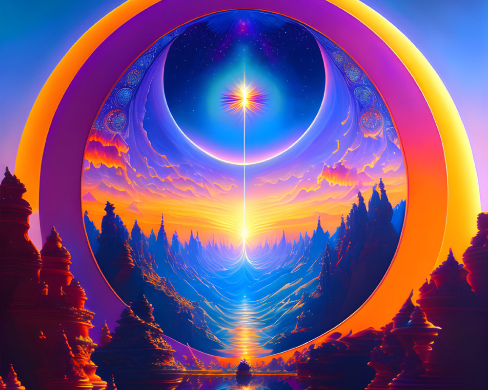 Colorful Psychedelic Celestial Landscape with Mountains, Temples, and Cosmic Event