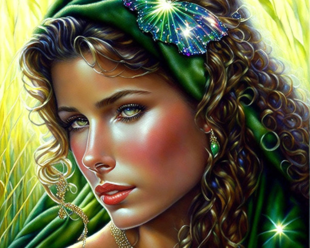 Digital portrait: Woman with curly hair, green headscarf, and butterfly in sunlit field