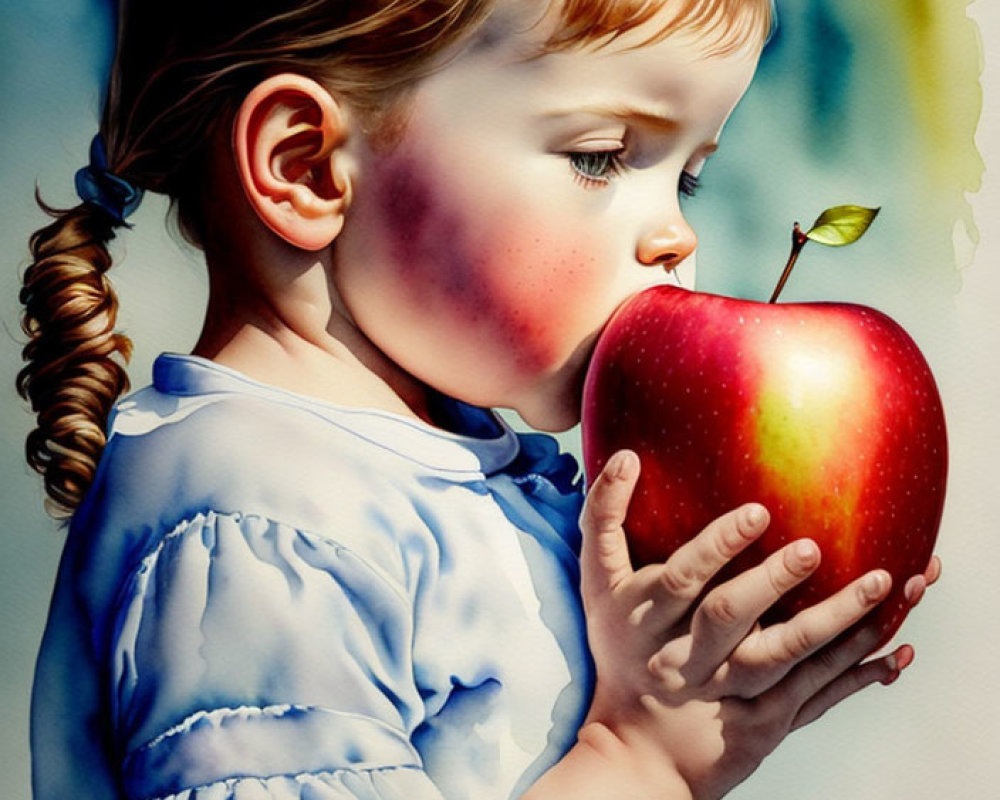 Young girl with braided hair in blue dress holding red apple