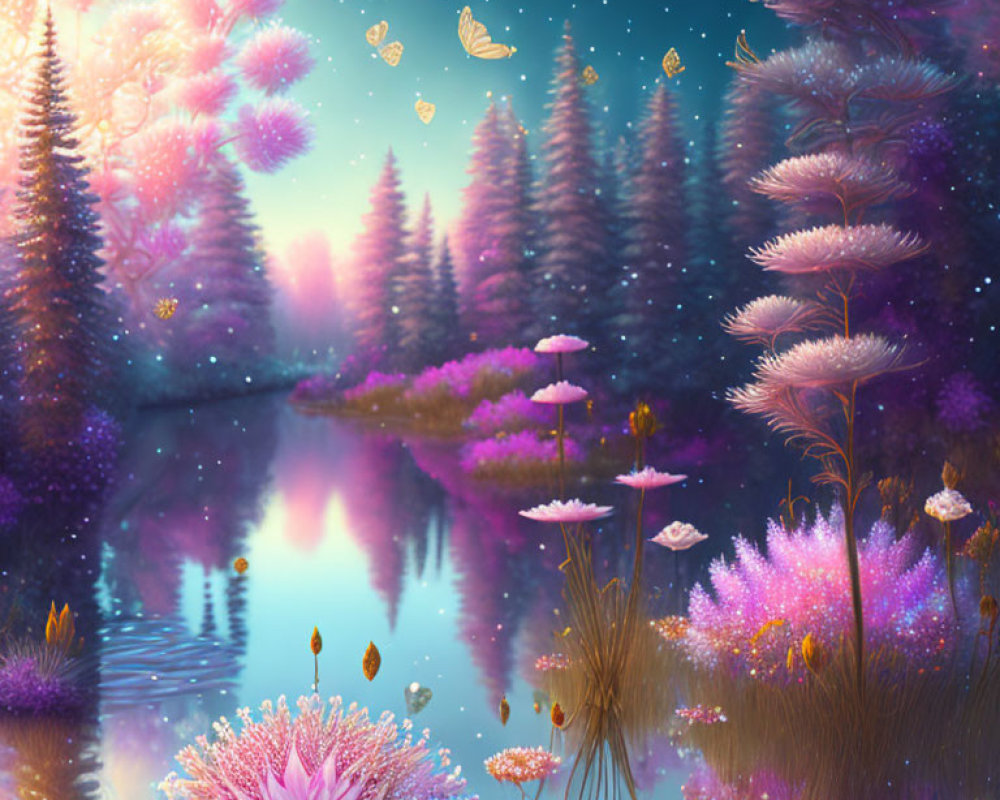 Fantastical landscape with pink and purple flora, reflective lake, butterflies, and starry sky