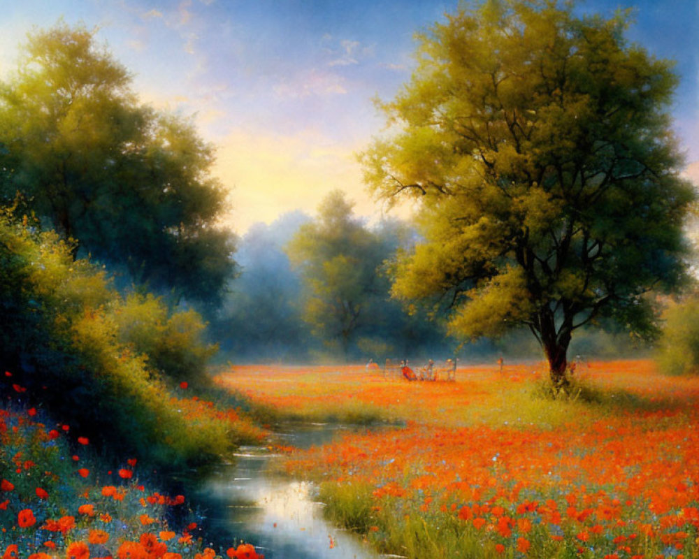 Tranquil landscape with river, red poppies, and green trees