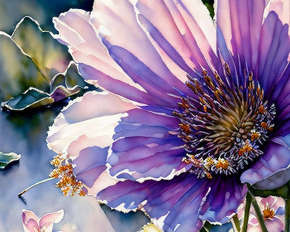 Detailed watercolor painting of purple flower with smaller bloom on blue background