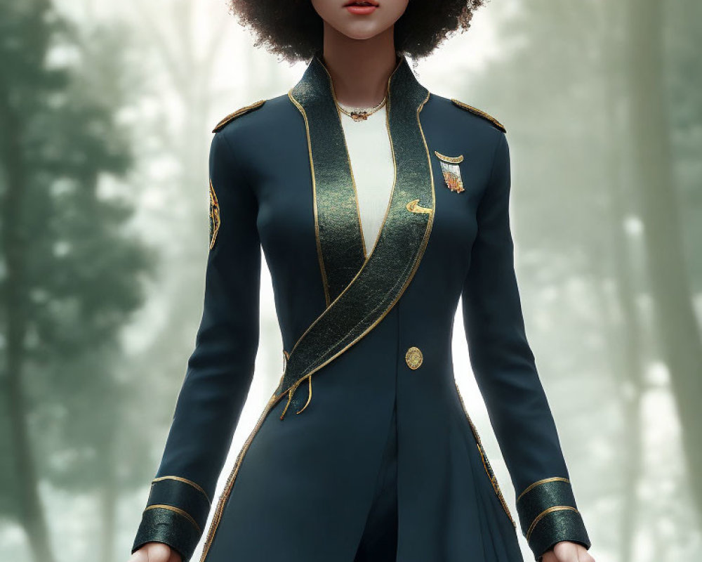 Digital artwork of woman with afro in navy blue uniform holding sword in misty forest