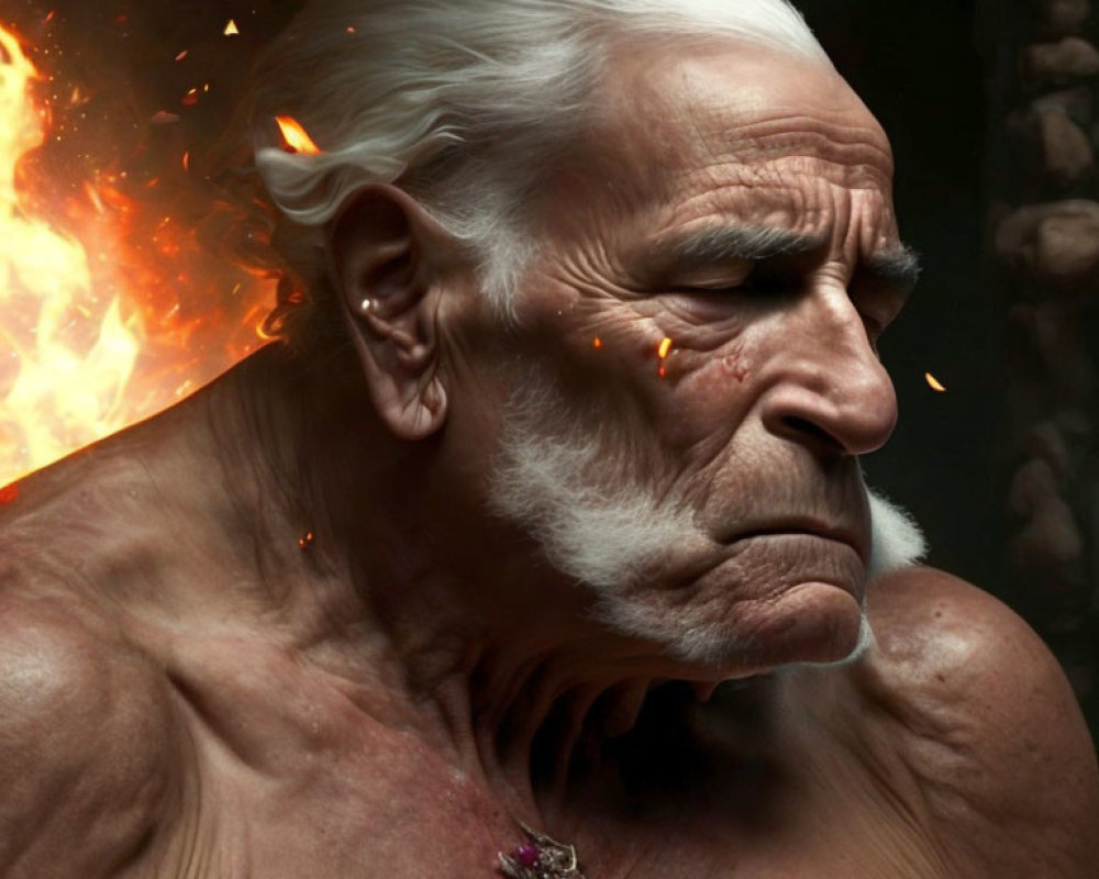 Elderly muscular man with white hair surrounded by embers and fire.