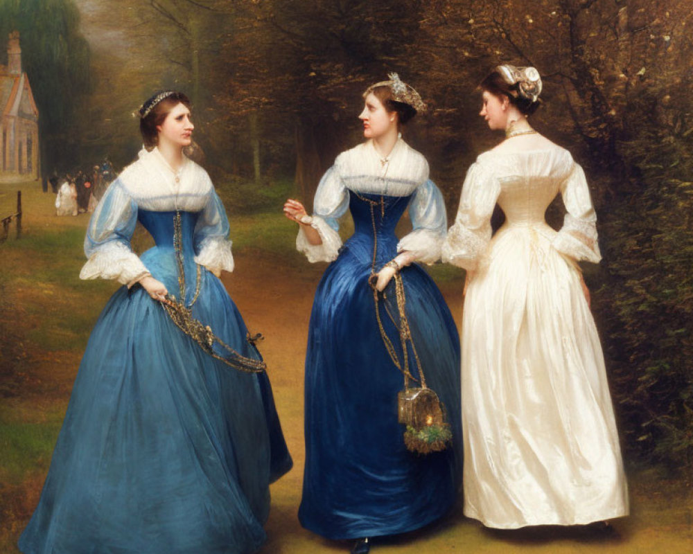 Victorian-era women in cinched waistline dresses walking and talking along tree-lined path