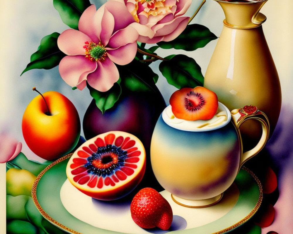 Colorful still life painting with golden jug, tea cup, fruits, and flowers