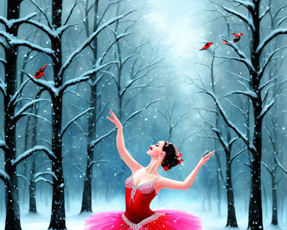 Ballerina in red tutu dances in snowy forest with red birds