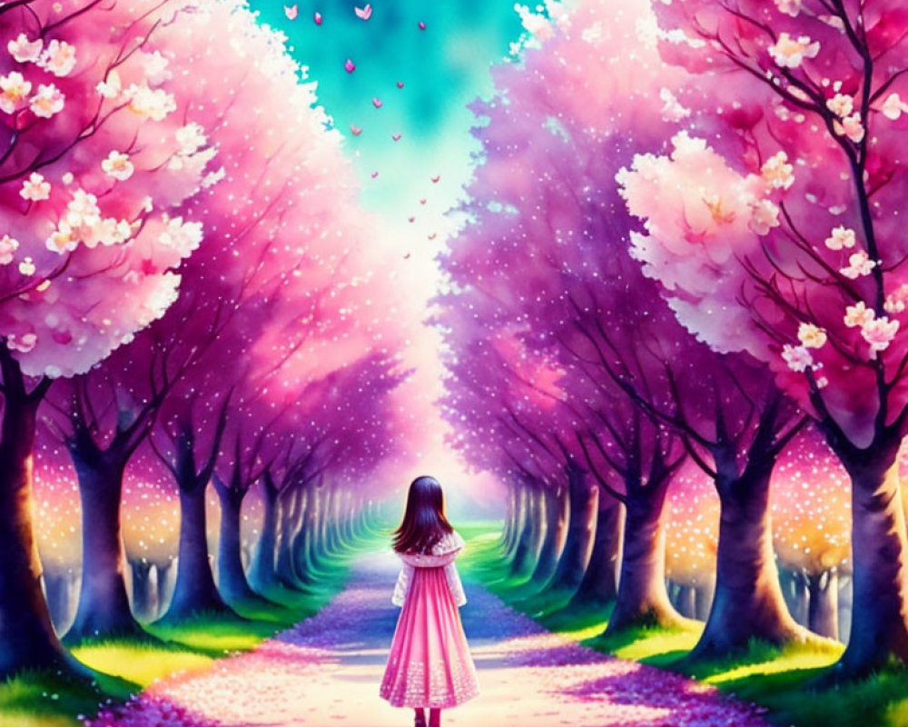 Girl in Pink Dress Surrounded by Cherry Blossom Trees at Twilight