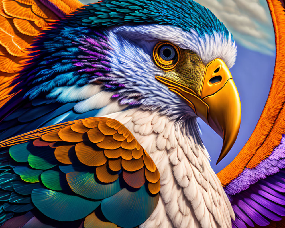 Vibrant digital artwork: Colorful eagle with detailed feathers on sky backdrop