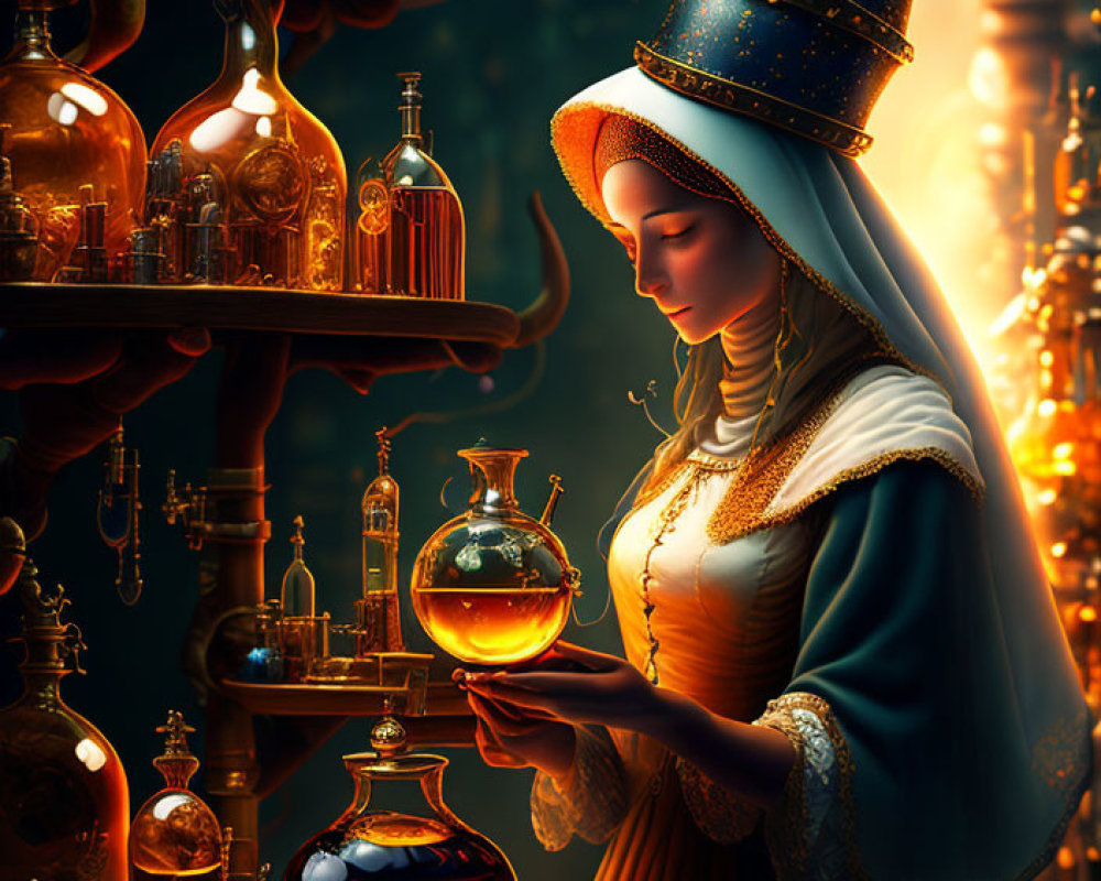 Medieval woman in alchemist's workshop with glowing flask